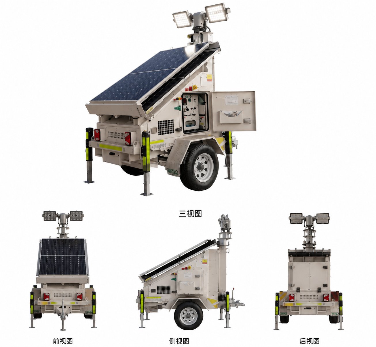 Three-view drawing: front, side and rear of the HAORUN rescue vehicle